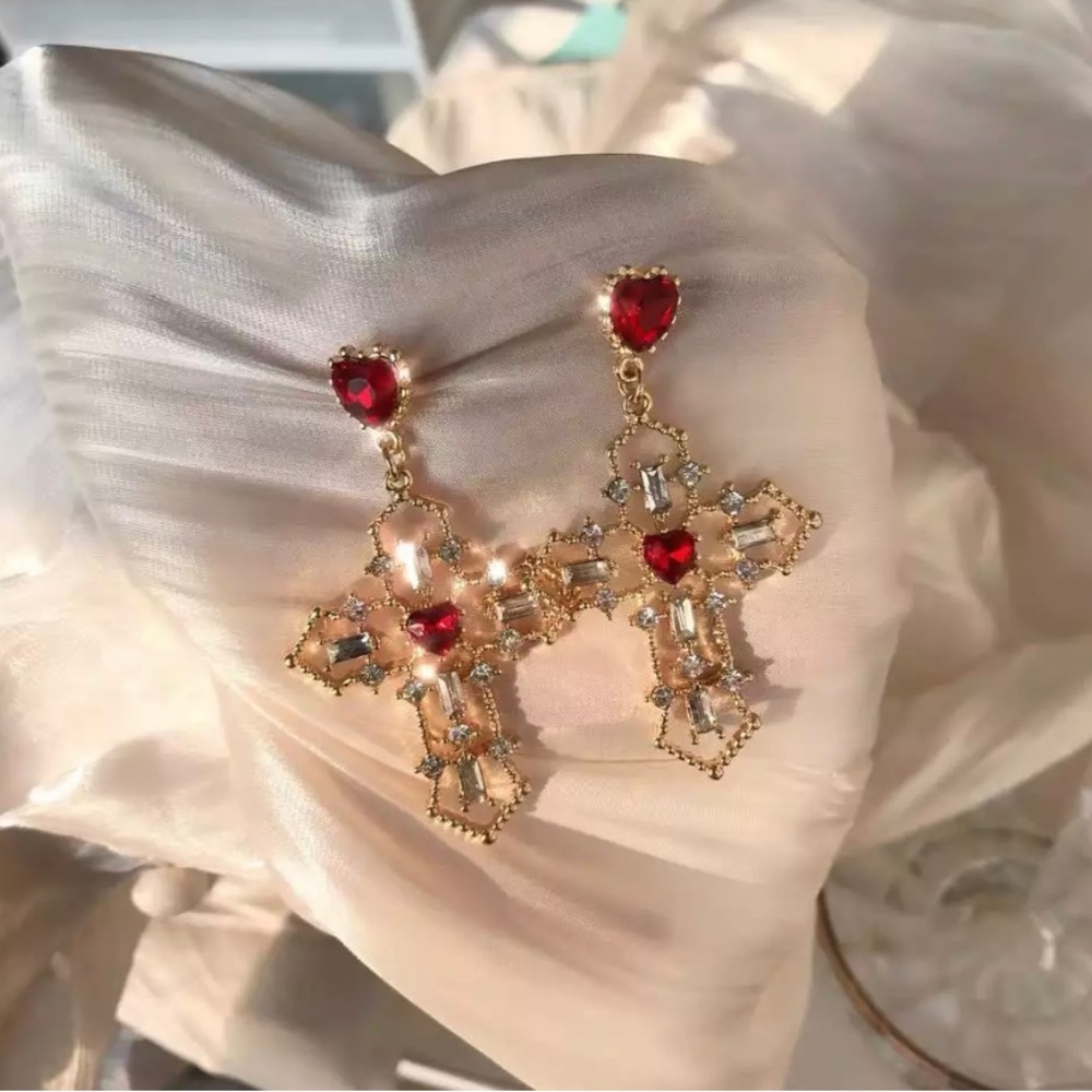 Vintage Red Heart Crystal Earrings